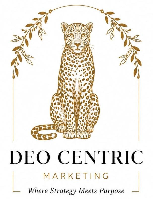 Deo Centric Marketing logo &mdash; a seated leopard beneath a laurel arch